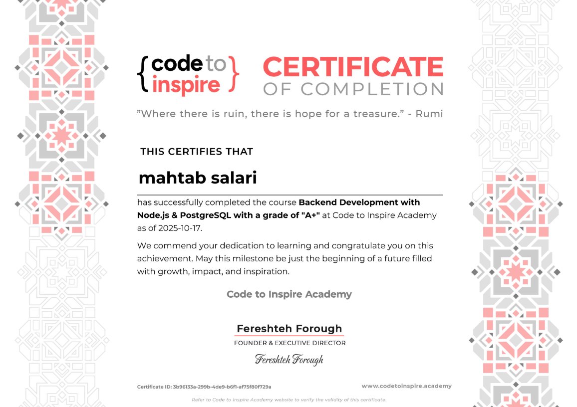 mahtabsalari20's tweet image. Wrapped up my backend development course with an A+!
Huge thanks to my amazing instructor and the whole CTI team for their guidance and support.
@E_Ehrari
@f_forough
@CodeToInspire
Countless lines of code, late-night debugging, and a lot of growth behind this certificate 💪