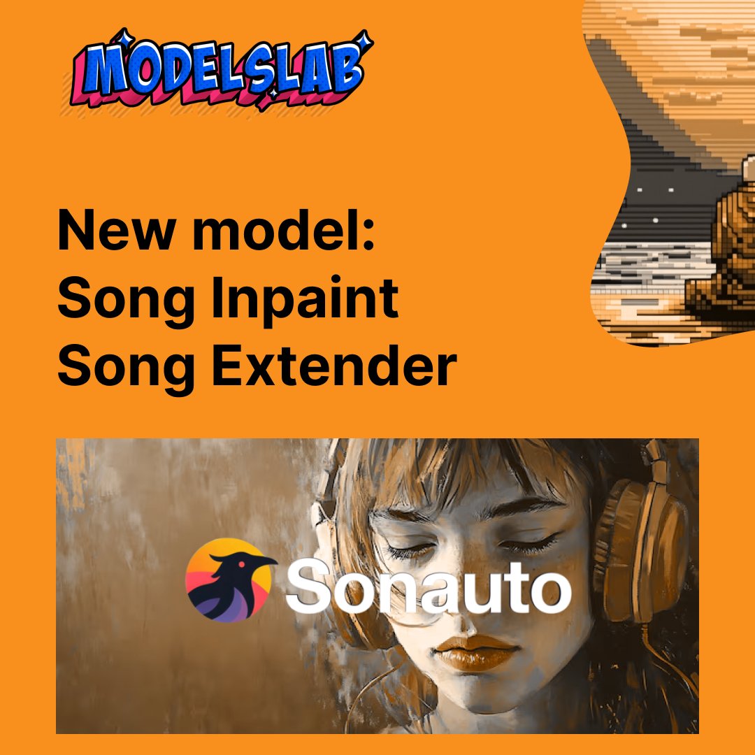 ModelsLabAI's tweet image. 🎶 New Drop on ModelsLab: Sonauto Song Inpaint & Song Extender!
The next level of AI music creation is here — fix, extend, and perfect your tracks like never before.
🎧 What’s New:
🎛 Song Inpaint – Repair damaged audio, remove unwanted sounds, and fill gaps with smooth,…