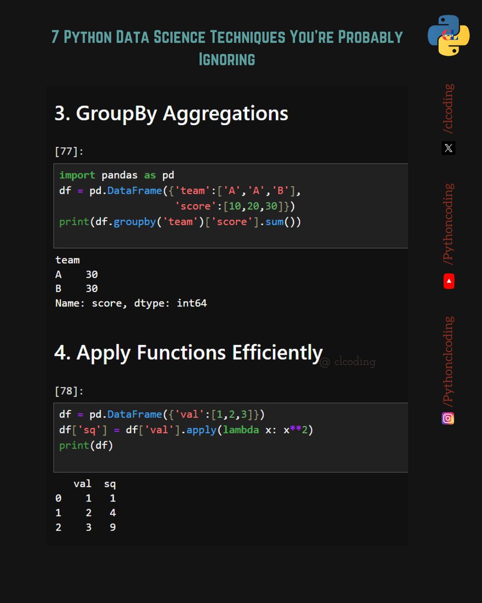 clcoding's tweet image. 3. GroupBy Aggregations
4. Apply Functions Efficiently