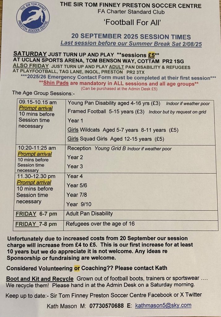📣 Saturday 18th Oct - ON 📣 

We are ON tomorrow - all sessions as normal 🙌🏻 

Session details &amp; information below! 

All abilities welcome - just turn up, sign in and play! 💪🏻⚽️ 

We hope to see you there! 

NB: Shinpads are required! 🙌🏻