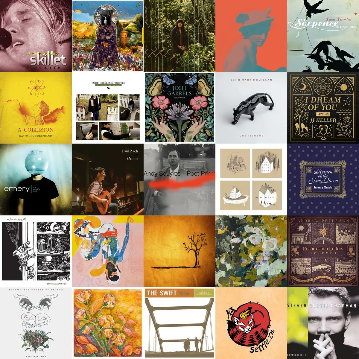 Mostly chill tunes this week aside from Emery and Further Seems Forever. Some worship, lots of folksy stuff. Fall and winter bring out the folk/singer/song-writer music.
#CCMTwitter
