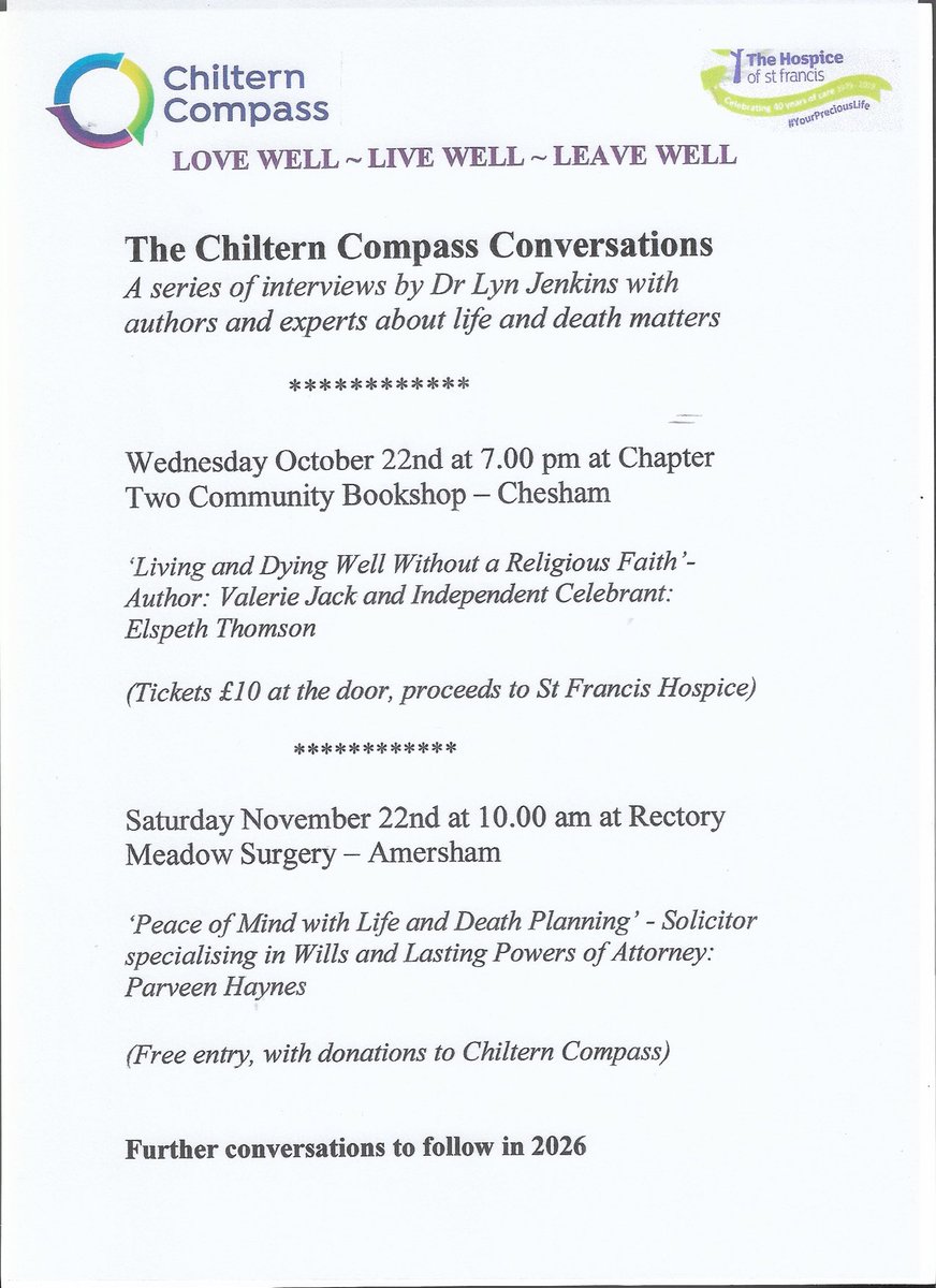 ChilternCompass's tweet image. Join us to hear from the experts in living and dying well. No need to book! #CCConversations