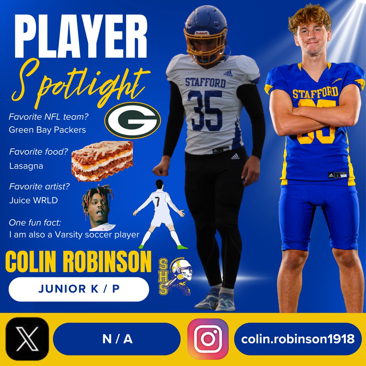 Our Week 8 Player in the Spotlight is Junior kicker Colin Robinson!

Our Varsity welcomes Massaponax TONIGHT to take on the Panthers!
Kickoff 7:00 pm. #PLUS1

📷: Sandie Waters Photography
📷: Andrew Roberson

Tickets: gofan.co/event/3804237?…