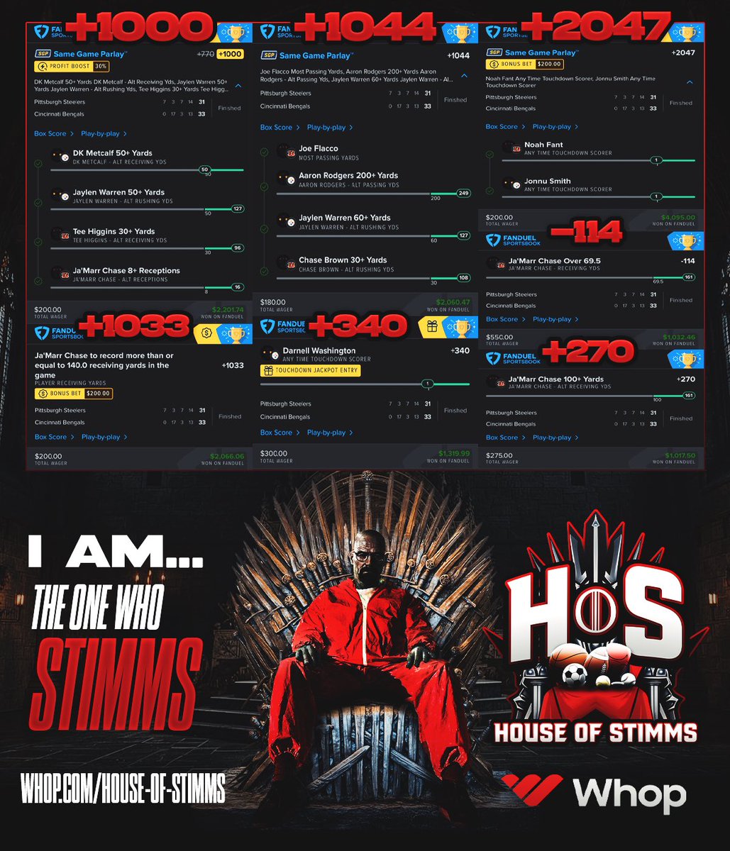 stimsimm's tweet image. I am the one who Stimms . 

-114✅     +1033✅
+270✅    +1044✅
+340✅    +2047✅
+1000✅

+14.48U all in one nights work, shoutout the Unc Bowl. 

If you’re thinking about hopping in, promo code “NBA” is still available to join for just $10👀

whop.com/house-of-stimms