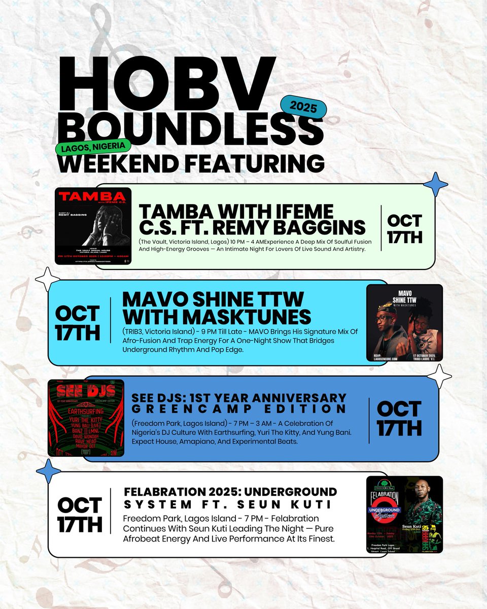 HOBVPortal's tweet photo. It’s a wild #HOBVWeekend in Lagos 🔥
Tamba. MAVO Shine. Felabration. Dirty Sexy Rave.
We outside! 💃🏽🕺🏾
#HOBV #BoundlessEnergy #WeekendVibes https://t.co/rsyaL2t3hq