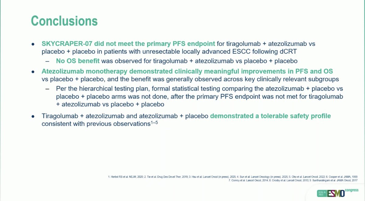 ArndtVogel's tweet image. SKYSCRAPER-07: Phase III study of atezo with or without tiragolumab in unresectable ESCC that has not progressed following dCRT
#ESMO25 #ESMOAmbassadors
👉 mPFS: 29 vs 20.8 vs 16.6
👉 mOS: n.r. vs 38 vs 36 mo
🧐Atezo improves outcome, but adding tiragolumab to atezo with…