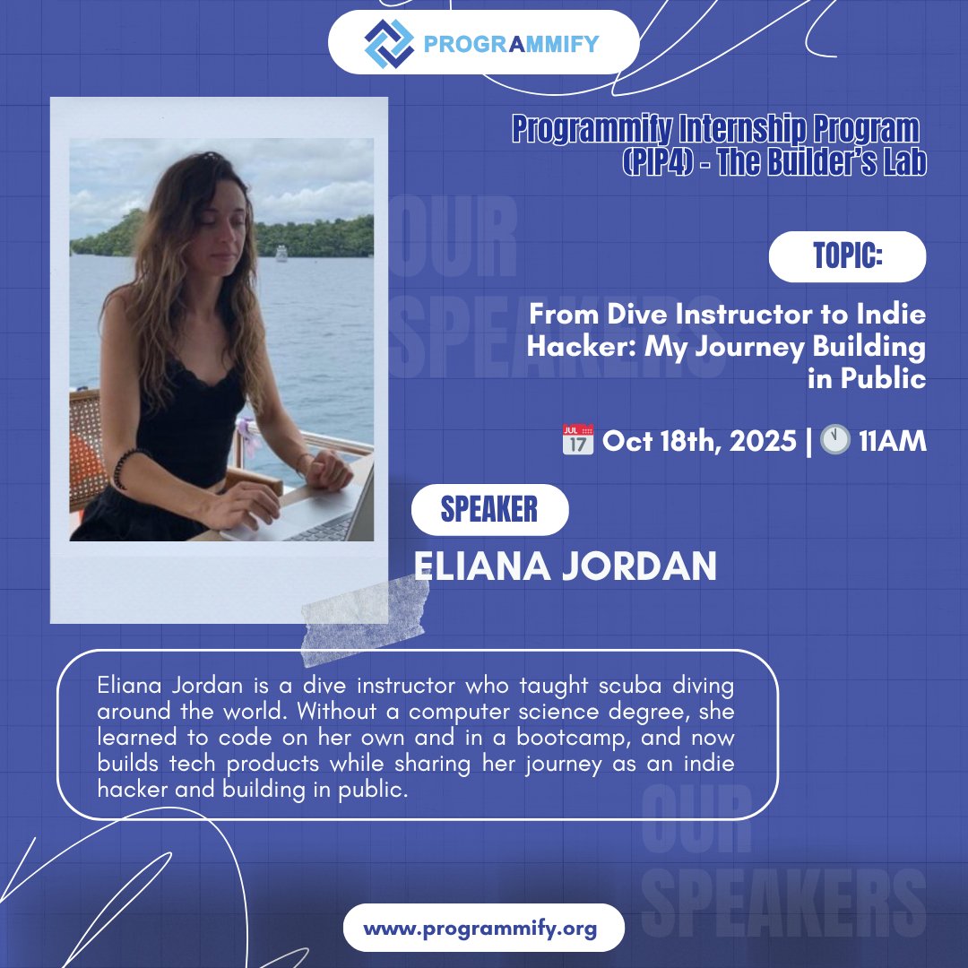 programmify's tweet image. We’re excited to host @eliana_jordan at #PIP4
She went from guiding people underwater to building tech products, without a CS degree!
Join her session: “From Dive Instructor to Indie Hacker: My Journey Building in Public”
🗓️ Sat, Oct 18, 2025
🕖 11AM WAT
#Programmify #PIP4