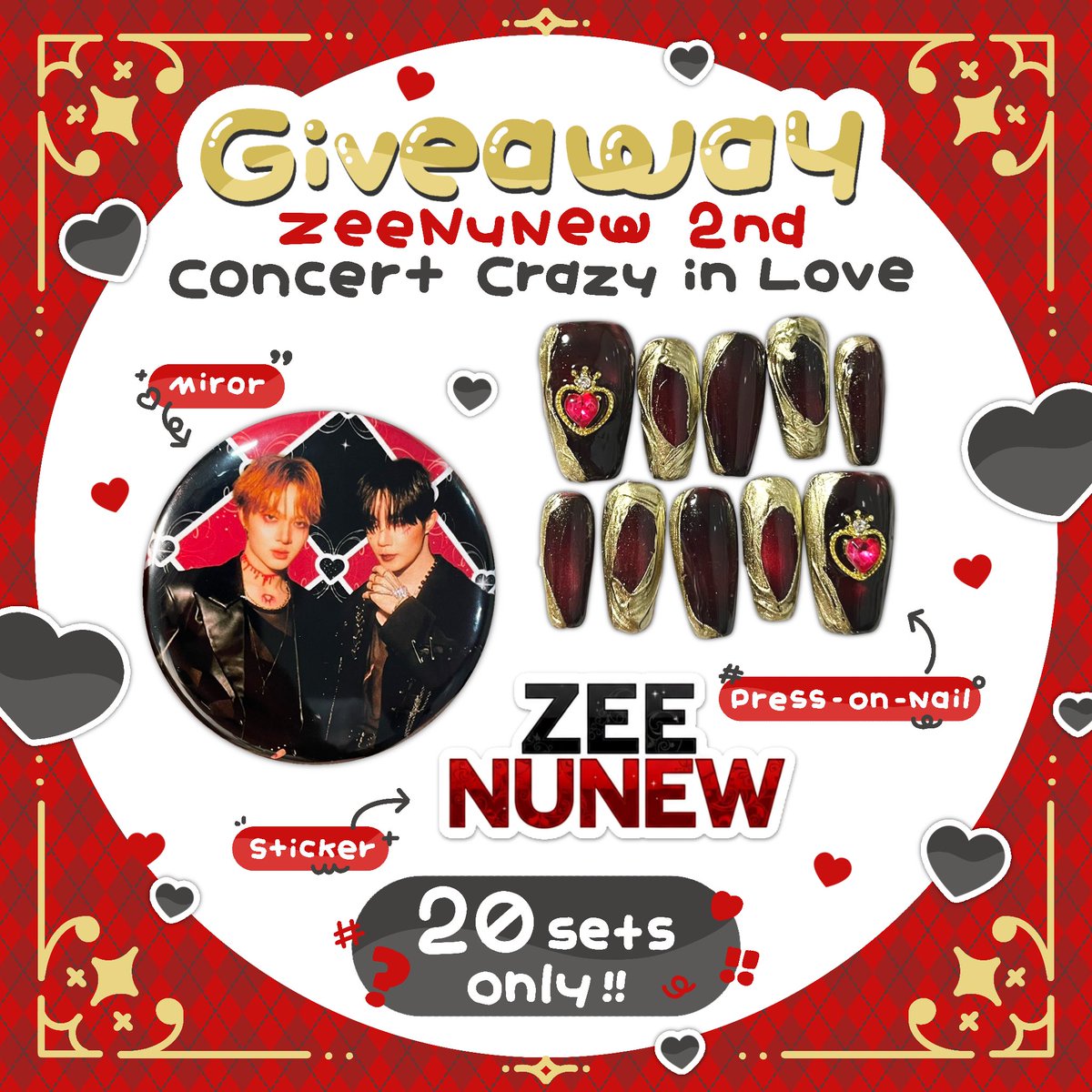 Pgj_vjbgk's tweet image. 。 ₊°༺ Giveaway For #ZeeNuNewCrazyInLoveConcert ༻°₊ 。
• Mirror
• Stiker
• Press-on-nail
{ 20 Sets Only!! }
//มารับน้องกานวันงานน้าา ตั้งใจทำมั่ก💗
#ZeeNuNew #ZeePruk #NuNew 𓆝༄⋆。°✩
