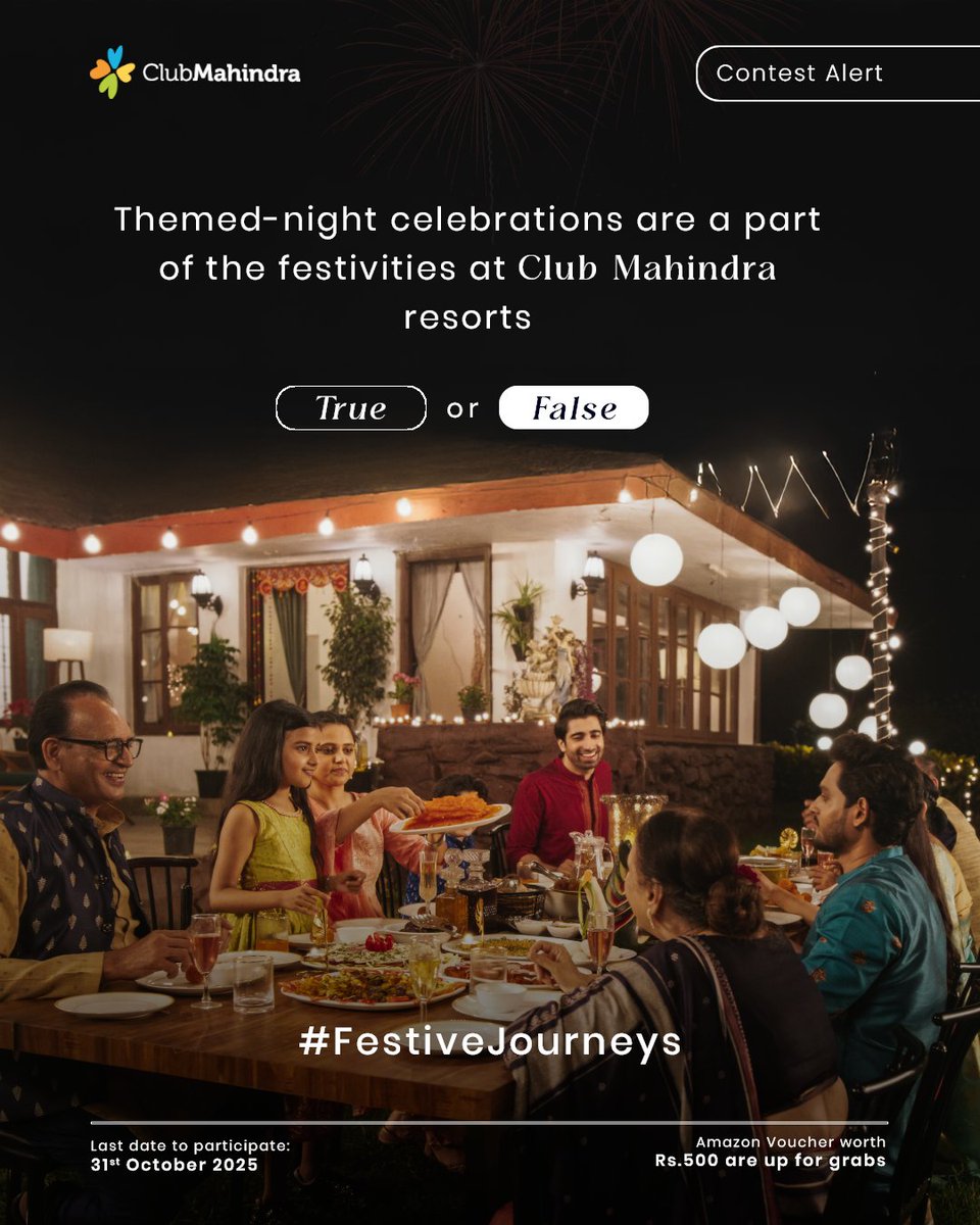 clubmahindra's tweet image. 🎉 #ContestAlert - Day 7 of 17
#FestiveJourneys with #ClubMahindra 🎉
Get ready to celebrate this festive season with 17 exciting contests and a chance to win Amazon vouchers worth ₹500 each!
🪔 How to Participate:
1️⃣ Comment below with your answer using #FestiveJourneys and…