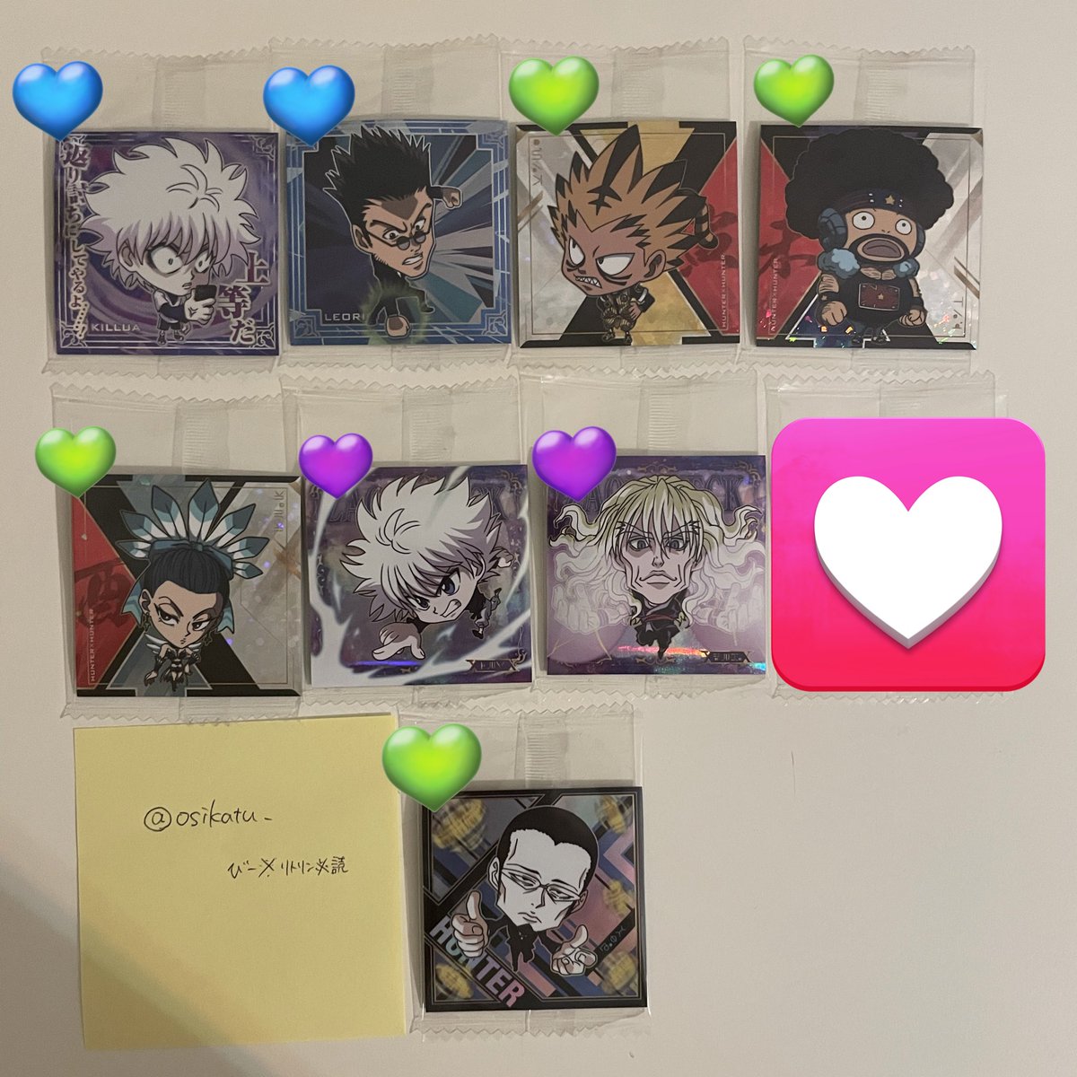 osikatu_'s tweet photo. 【交換】HUNTER × HUNTER h×h シールウエハースvol.8 にふぉるめーしょん

譲:キルア レオリオ カンザイ  ギンタ クルック シルバ ゴトー

求:イルミ、カルト

※できれば同じ色の♡同士での交換をお願い致します
郵送での交換希望です
検索からでも気軽にお声がけください https://t.co/vqkqHyChCD