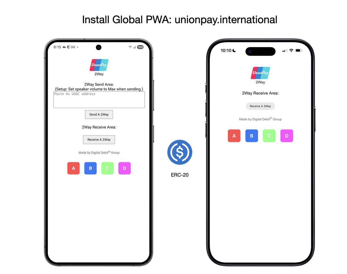 digitaldebit's tweet photo. 🚀 LIVE NOW: The @UnionPay_Intl x #GeniusAct USDC PWA is here!
Built with our 2Way™ “No Barcode” tech for global P2P transfers — no QR codes, no NFC, no friction.
🔗 https://t.co/a0MsKEzMMm
Powered by @circle #USDC

The future of cashless is USDC 2Way™. 🌐💸 https://t.co/2MYxyKWwbC