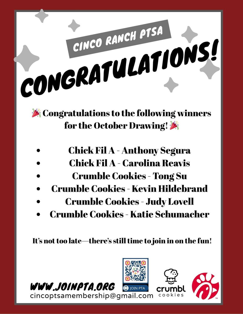 Congratulations to our October PTSA winners! Prizes will be mailed out. It's not too late to join in on the fun. Go to joinpta.org 😁 #CPOE
