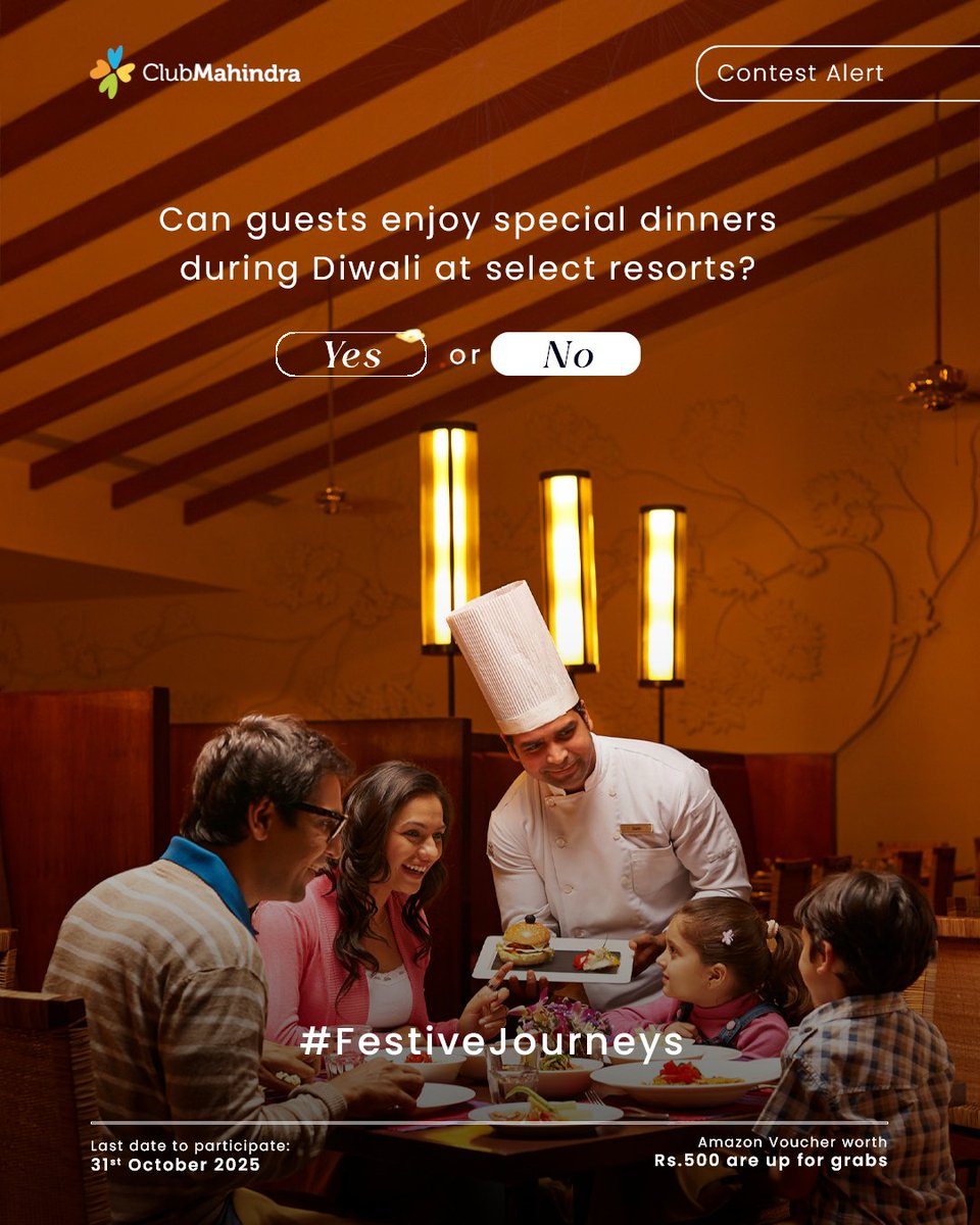 clubmahindra's tweet image. 🎉 #ContestAlert - Day 6 of 17
#FestiveJourneys with #ClubMahindra 🎉
Get ready to celebrate this festive season with 17 exciting contests and a chance to win Amazon vouchers worth ₹500 each!
🪔 How to Participate:
1️⃣ Comment below with your answer using #FestiveJourneys and…