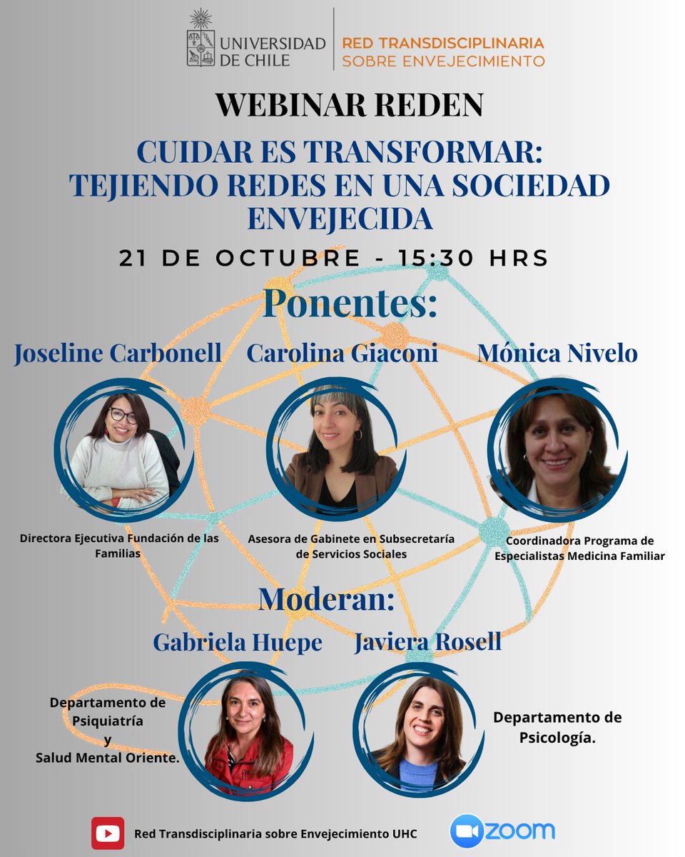 #Webinar I “Cuidar es Transformar: Tejiendo Redes en una sociedad envejecida” de <a href="/RedEn_UChile/">Red Transdisciplinaria sobre Envejecimiento - UCH</a>👥

🗣️ Un espacio abierto de diálogo y reflexión que busca poner en el centro el valor del cuidado como motor de bienestar y transformación social.

🔗 Más info: uchile.cl/u233550