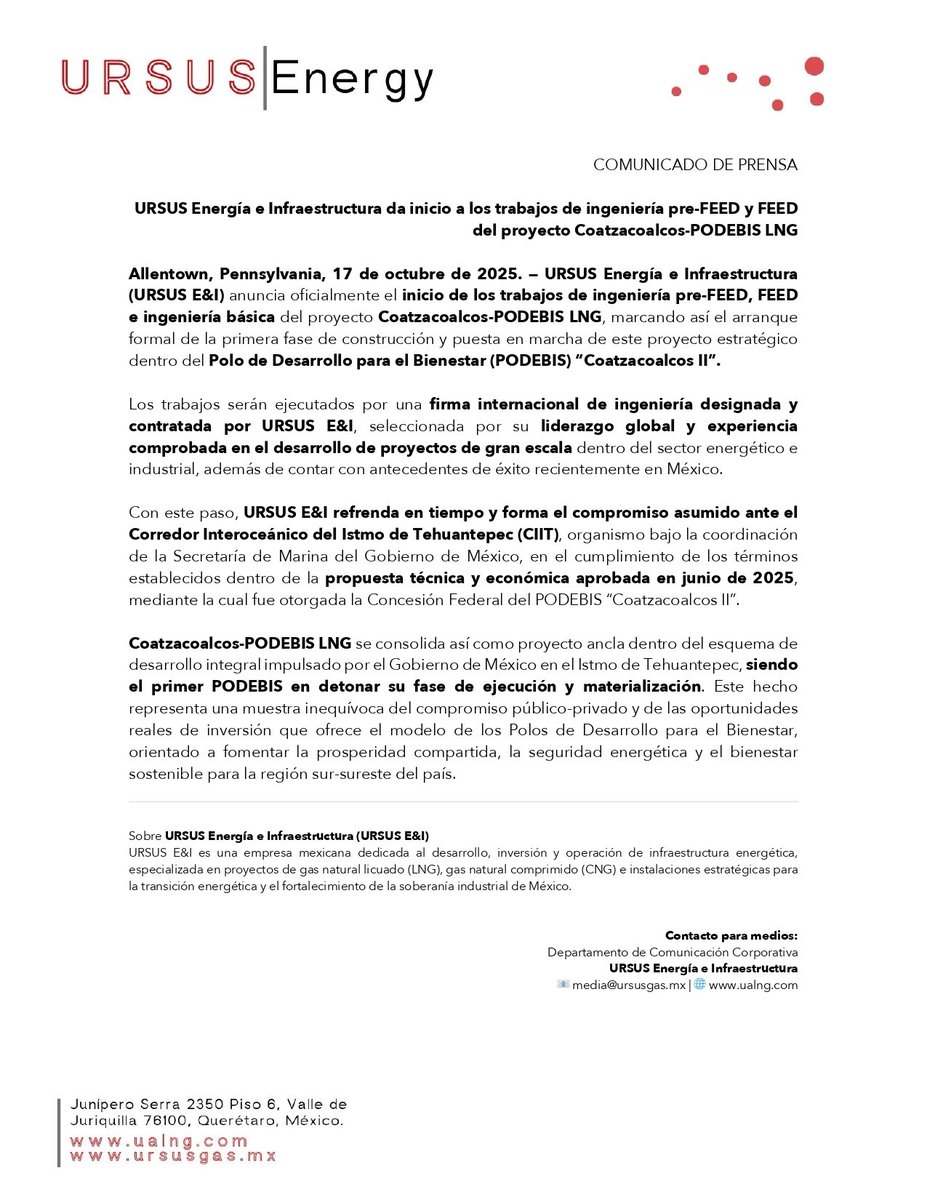 🚨🚨COMUNICADO🚨🚨

<a href="/UrsusEnergy/">Ursus Energy</a> anuncia arranque de las obras de ingeniería para la construcción de la planta de GNL y puesta en marcha del #PODEBIS "Coatzacoalcos II".

Un paso firme en la consolidación y materialización del Corredor Interoceánico del Istmo de Tehuantepec.