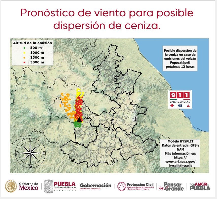 PCGobPue's tweet photo. 🗻 Pronóstico de viento para posible dispersión de ceniza en caso de emisiones del volcán Popocatépetl, podría dirigirse al norte y noroeste, sobre las regiones de:

📍Atlixco 
📍Angelópolis

•EdoMex
•CDMX
•Morelos https://t.co/gikYellLB8