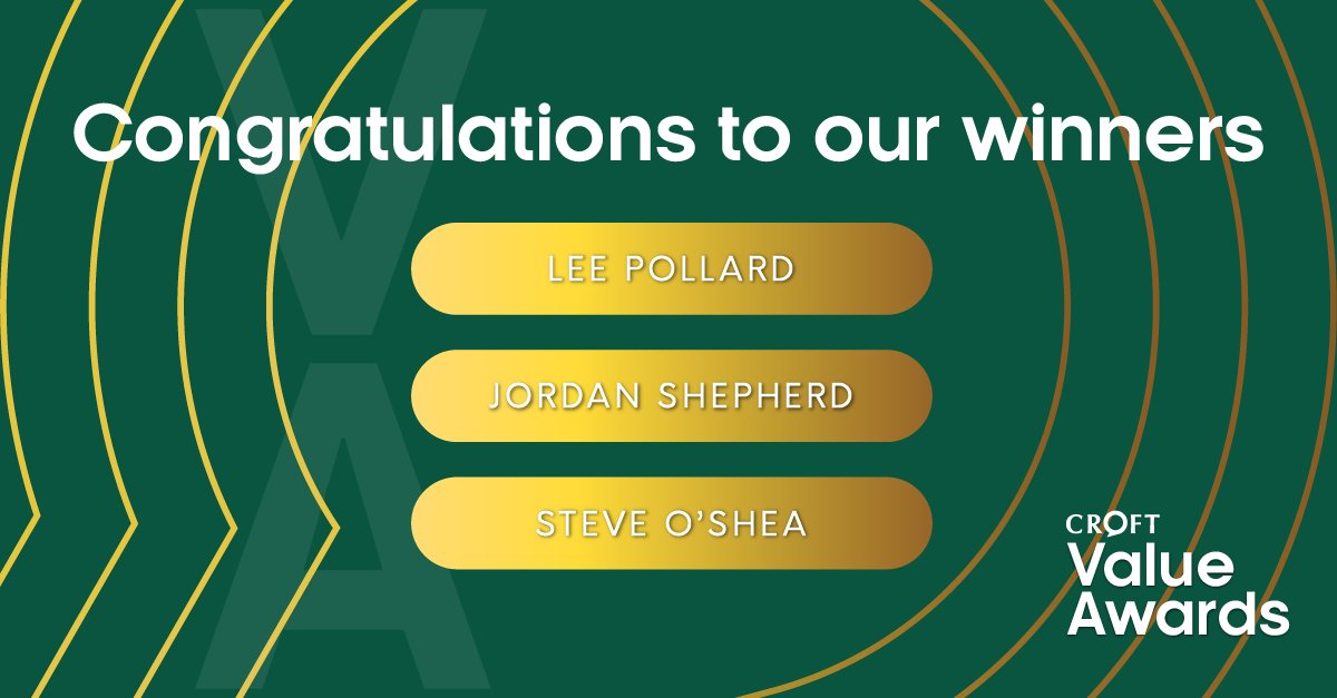 Celebrating our September Value Award winners! Huge congratulations to Lee Pollard, Jordan Shepherd and Steve O'Shea for living our values every day. #TeamCroft