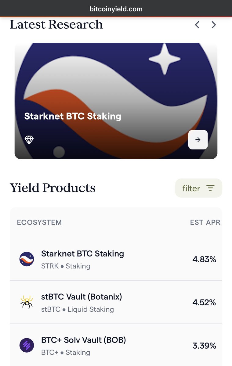 Starknet's tweet photo. Starknet is the best place to earn on Bitcoin.

And that’s just from Bitcoin staking. You can go even further depending on your risk profile:

- Liquid stake on @endurfi + DeFi
- Re7 Bitcoin Yield Fund
- Borrow USDC against Bitcoin on @vesuxyz
- Mint stablecoins with @uncapfinance
- And much, much more

Do more with your Bitcoin. Do it on Starknet.