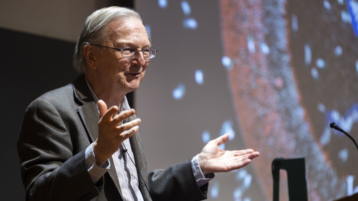 Nobel Laureate Jack Szostak, Ph.D. ’77, shared decades of research into one of biology’s most puzzling mysteries – the origins of life – to a crowded room Oct. 9 during the 2025 Ef Racker Lecture.

Szostak, who won the <a href="/NobelPrize/">The Nobel Prize</a> in Physiology or Medicine in 2009, explained his