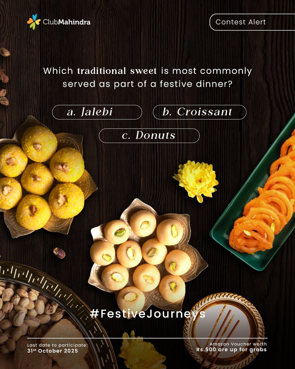 clubmahindra's tweet image. 🎉 #ContestAlert - Day 8 of 17
#FestiveJourneys with #ClubMahindra 🎉
Get ready to celebrate this festive season with 17 exciting contests and a chance to win Amazon vouchers worth ₹500 each!
🪔 How to Participate:
1️⃣ Comment below with your answer using #FestiveJourneys and…