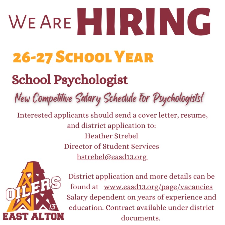 Are you a school psychologist looking to join a great school district?  We are accepting applications for the 26-27 school year.