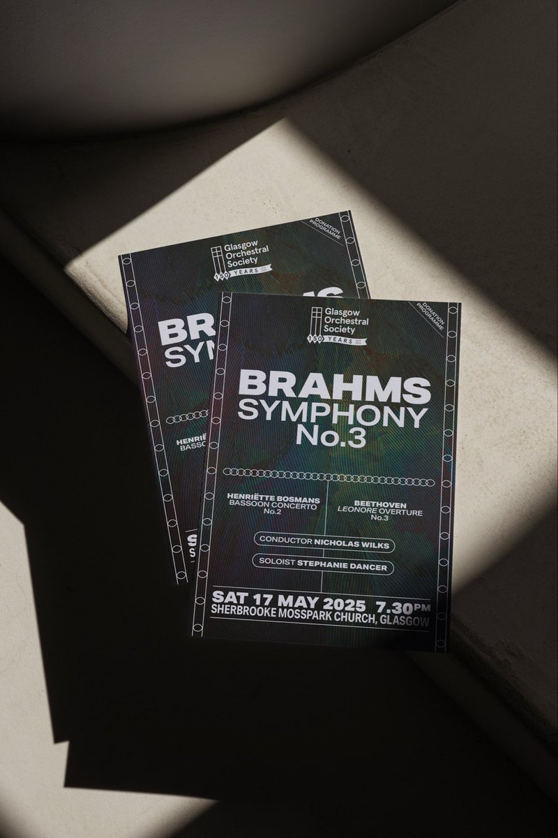 studiookko's tweet photo. Design for @GlasgowOrchSoc ’s May concert, with Brahms Symphony No. 3 as the hero piece.

A theme of personal freedom inspires a photo composite I created abstracting the texture of feathers. The border fits within this theme with an interlinking ring/chain.

⛓️🪶 https://t.co/OxJFumXg73