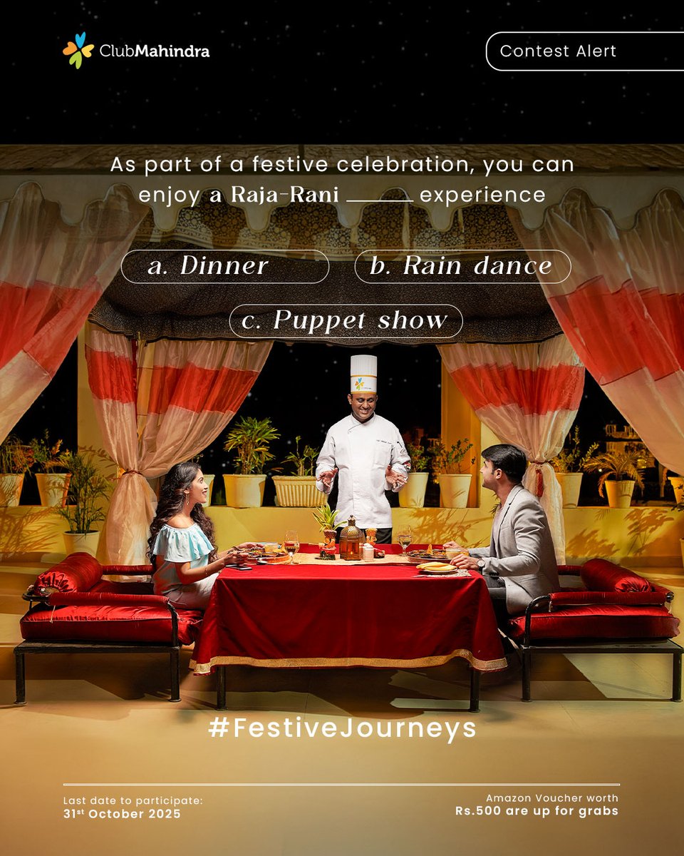 clubmahindra's tweet image. 🎉 #ContestAlert - Day 9 of 17
#FestiveJourneys with #ClubMahindra 🎉
Get ready to celebrate this festive season with 17 exciting contests and a chance to win Amazon vouchers worth ₹500 each!
🪔 How to Participate:
1️⃣ Comment below with your answer using #FestiveJourneys and…