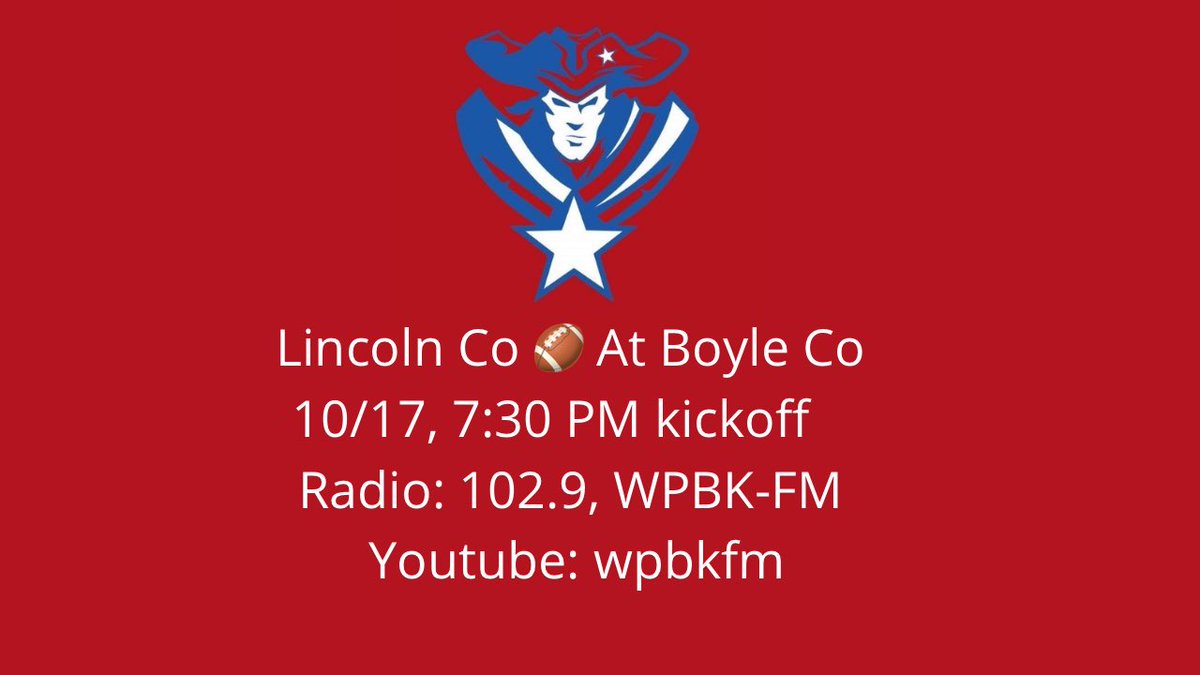 🏈 Lincoln County At Boyle County
⏰ Tonight at 7:30 pm 
🎟️ gofan.co/event/3901516?…
📻 WPBK-FM, 102.9
📺 youtube.com/live/6faRO3GjQ…