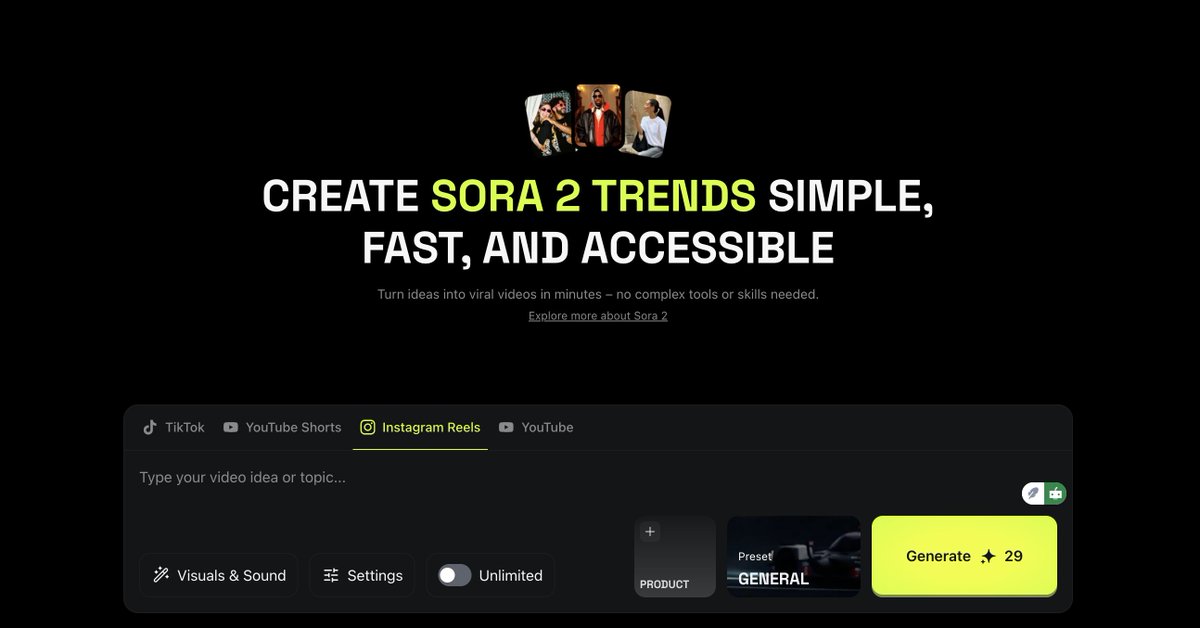 Sora 2 Power is now accessible to EVERYONE! 🤯

Introducing Sora Trends on Minimax AI - the fastest way to turn a simple idea into a high-impact, trending video.
This isn't just a video generator; it's a viral trend factory for short-form platforms.

1. Sleek Interface: No