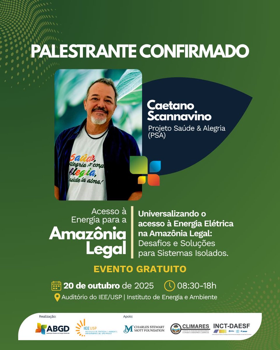 #BóraLá - “Universalizando o acesso à Energia Elétrica na Amazônia Legal: Desafios e Soluções para Sistemas Isolados” - É nessa 2aF na USP. #EnergiasRenováveis 
🤝🤝🤝
📅 20 de outubro – das 9h30 às 18h
 📍 Auditório do IEE/USP – São Paulo
 ✉ Inscrições: comunicacao@iee.usp.br
