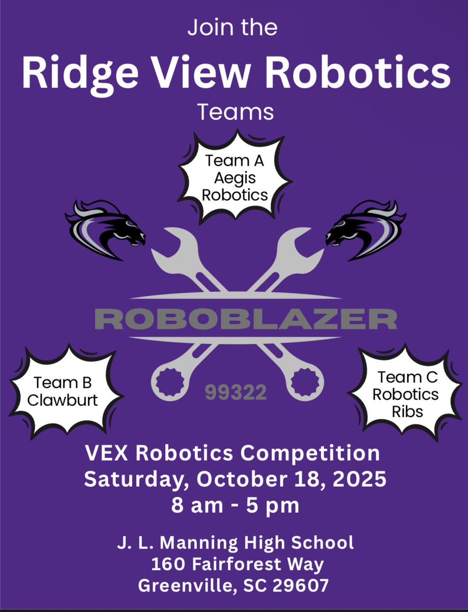 rvhs's tweet image. 🤖 Our Blazer Robotics Team is on the move! They’re traveling to compete in the VEX Robotics Competition! Come out and show your support as they put their innovation and teamwork to the test! 💜🩶 #BlazerPride #STEMExcellence #VEXRobotics