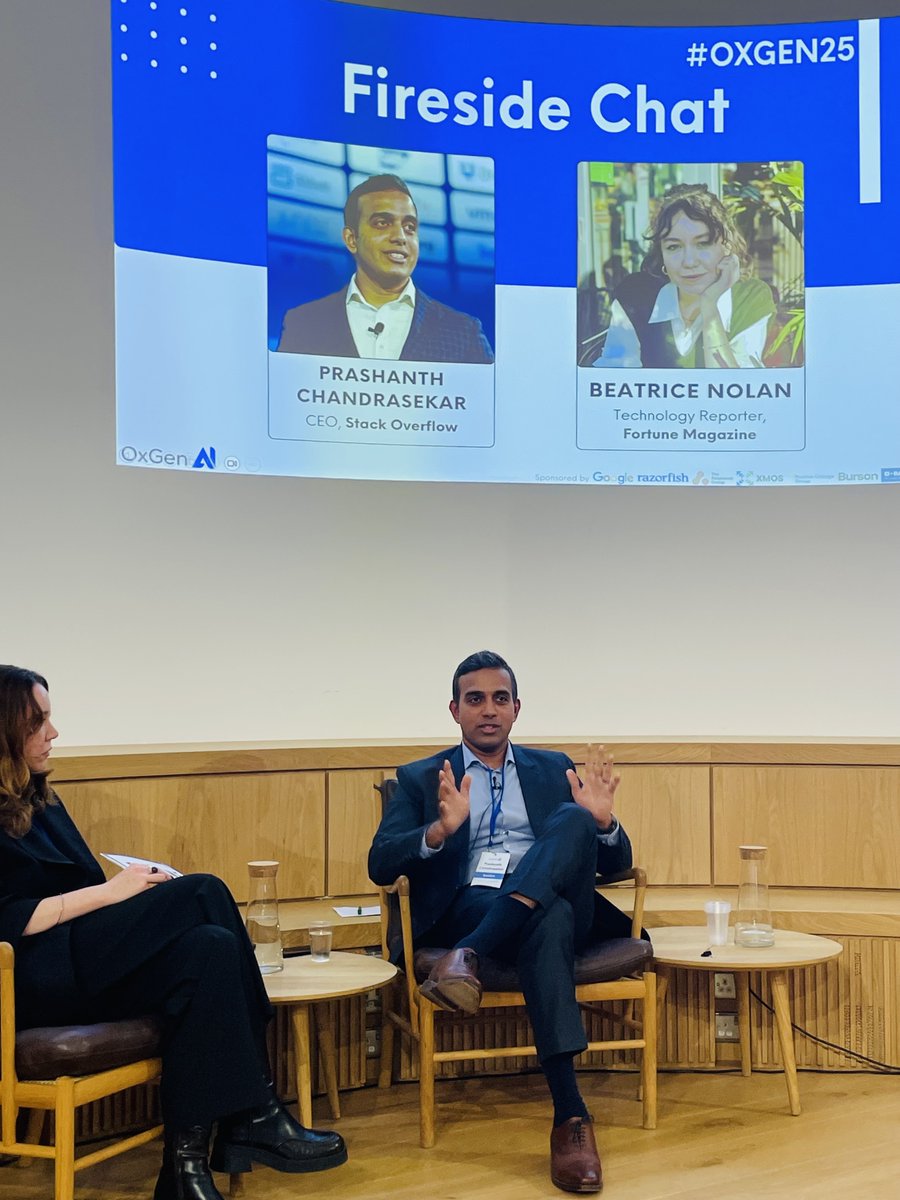 StackOverflow's tweet image. Yesterday our CEO @pchandrasekar joined @FortuneMagazine reporter Beatrice Nolan at the @OxGenAI Summit where they discussed the importance of AI that is grounded in community expertise of Stack Overflow&apos;s over 83 million questions and answers, why trust and attribution are the…