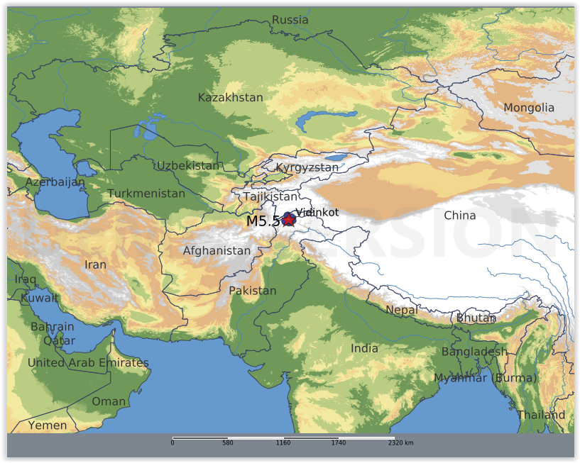 QLARM's tweet image. EARTHQUAKE M5.5. Origin Time: 2025-10-17 12:15:06 UTC, Afghanistan-Tajikistan border region (36.62 ; 72.77), Depth: 10.0 km, (source(s): GFZ). Estimated fatalities: 0 to 90, injured: 9 to 300
