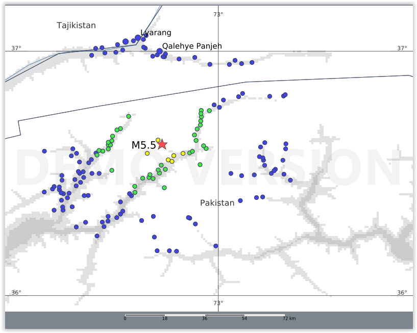 QLARM's tweet image. EARTHQUAKE M5.5. Origin Time: 2025-10-17 12:15:06 UTC, Afghanistan-Tajikistan border region (36.62 ; 72.77), Depth: 10.0 km, (source(s): GFZ). Estimated fatalities: 0 to 90, injured: 9 to 300
