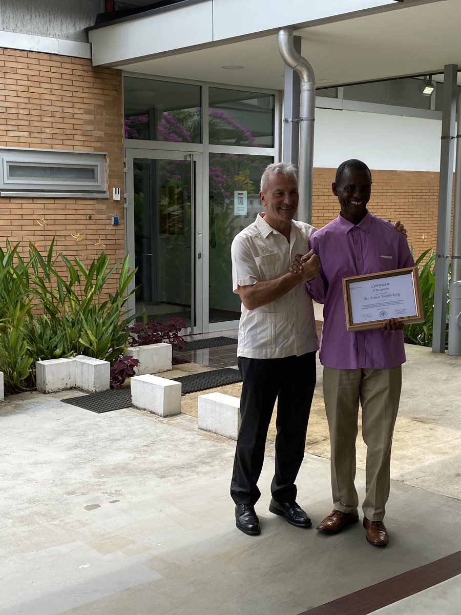 GerEmbLib's tweet image. The German Embassy celebrated driver Mr. Ernest King for 20 years of loyal service. He is trustworthy, drives carefully and cautiously. As an employee of the Embassy, he is a shining example of a collaborator. 
We all thank him for his dedication.