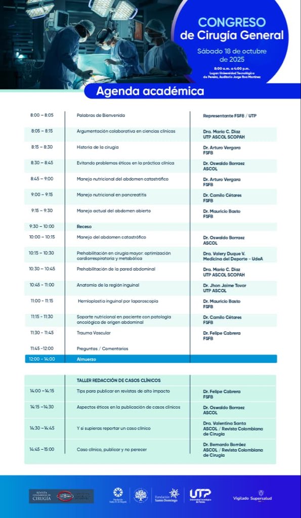 Mañana la cirugía académica está convocada en la <a href="/UTPereira/">UTP</a> <a href="/FSFB_Salud/">Fundación Santa Fe de Bogotá</a> y la Fundación Tatama! Los esperamos! Entrada gratis! Hablare de uno de los temas que más me apasionan! Trauma vascular! Con videos y casos del mundo real! <a href="/pferrada1/">Paula Ferrada MD FACS FCCM MAMSE</a> <a href="/SWexner/">Steven D Wexner MD, PhD</a> <a href="/juliomayol/">Julio Mayol</a> <a href="/CiruAndes2/">RedCiruAndes</a>