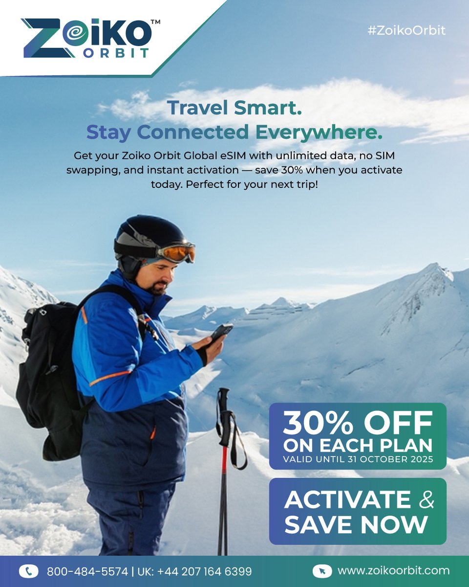 zoikoorbit's tweet image. 🌎Travel Smart. #StayConnected Everywhere.
Skip #SIMswaps &amp;amp; roaming headaches — get #ZOIKOORBIT #GlobaleSIM with #unlimiteddata &amp;amp; instant activation in 190+ destinations.
Activate today &amp;amp; save 30% — perfect for your next trip!
📞800-484-5574 🇬🇧+44 207 164 6399