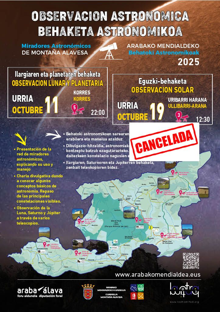 Suspendida la actividad observación astronómica en #MontañaAlavesa debido a las condiciones meteorológicas prevista para el domingo.