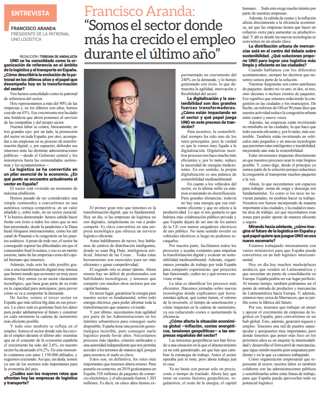 FArandaManzano's tweet photo. 🗞️#ENTREVISTA | Gracias a @andtribuna por darme voz en esta entrevista, en la que analizo el papel del sector logístico como motor de #competitividad para la economía española, así como los retos a los que se enfrentan nuestras #empresas en materia de #digitalización y #sostenibilidad, entre otras cuestiones clave.

🗣️Somos el sector donde más ha crecido el empleo durante el último año: mientras que en el conjunto de la economía española el crecimiento ha sido del 2,6%, en nuestro sector ha alcanzado el 6,2%. En este momento contamos con unos 1.150.000 afiliados, y seguimos creciendo. Así que, sin duda, somos ya uno de los sectores más importantes para la economía del país.

👉https://t.co/EcTpRrPAiA

@FomentoAND @Rocio_DiazJ @CEAes_