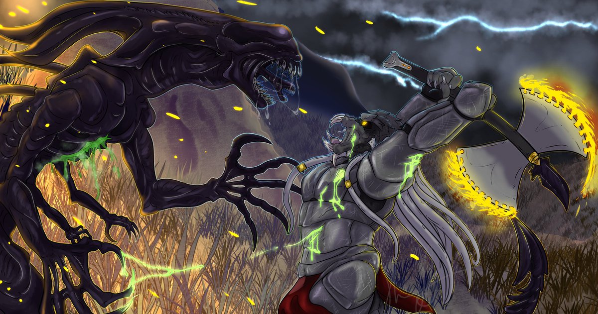Beefy_yautja's tweet photo. Stormfront 🌩️ vs a xeno queen , it was a battle he cherished (tho he almost got himself killed) and  a trophy he holds with pride art by me!! #yautja #YautjaOC #Alien #originalcharacter #oc #alienmen #digitalart #DigitalArtist #art #alienvspredator https://t.co/r26i0IjMSo