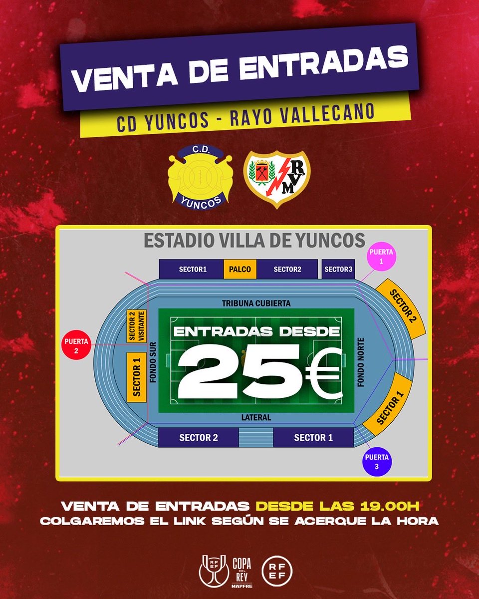 CdYuncosoficial's tweet photo. VENTA DE ENTRADAS | CD Yuncos - Rayo Vallecano ⬇️

La compra de entradas para nuestro partido de Copa del Rey será exclusivamente via online a partir de hoy a las 19.00h ⚠️

Nuevo post con el enlace para la compra de entradas a las 19.00h 🙌🏻

#lacopamola🏆 
#vamosyuncos💛💙💛 https://t.co/mOuWX1P3Wd