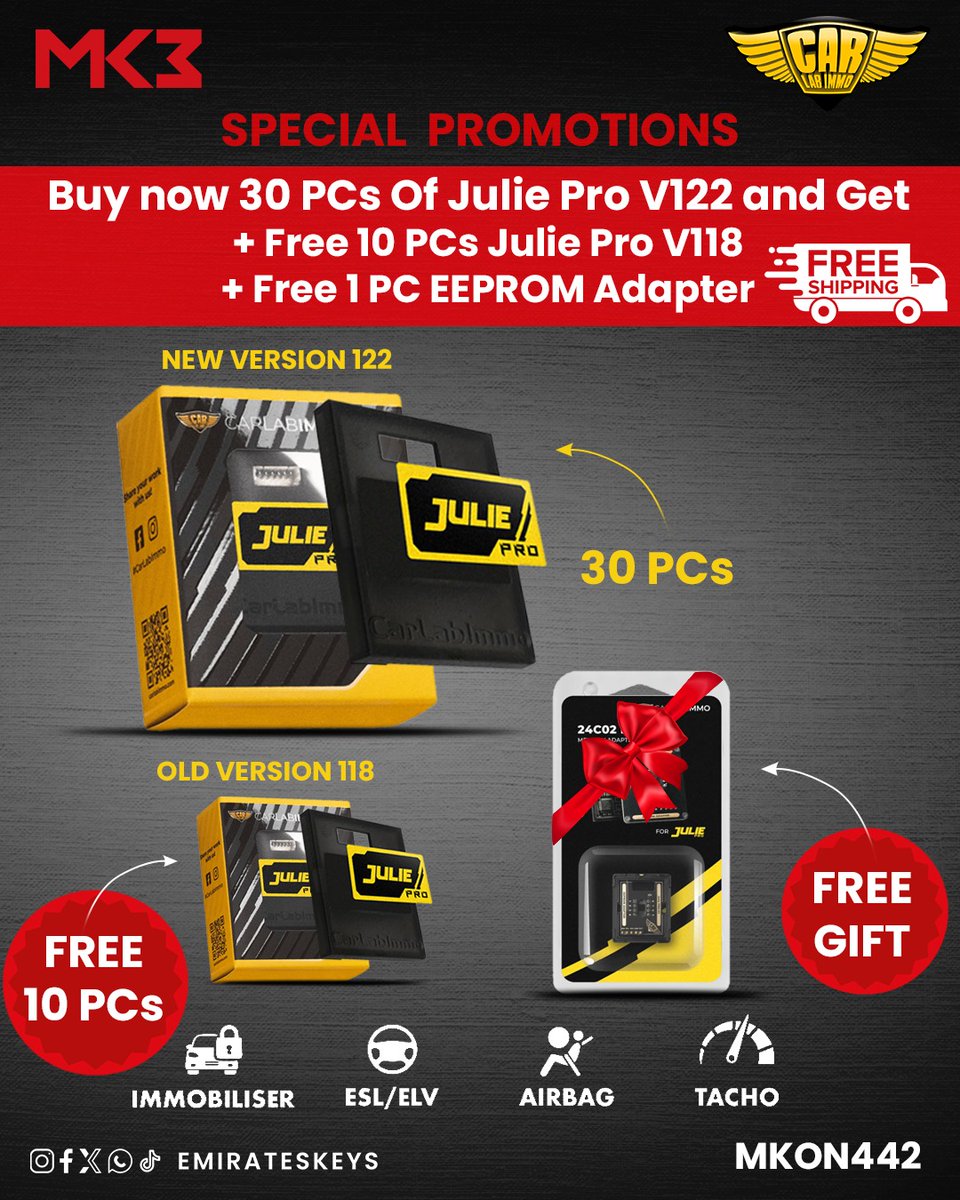 NDelhiEmirKeys's tweet image. 🚨 Buy 30 PCS Julie Pro V122 & Get 10 PCS V118 + 1 EEPROM Adapter FREE – With FREE Shipping! 🎁
Perfect for 🔐 Immobiliser | 🔄 ESL/ELV | 🎈 Airbag | 🕑 Tacho
📱 +971525004707
#JuliePro #EEPROMAdapter #CarProgrammer #EmiratesKeys #AutomotiveTools #SpecialOffer #MK3 #CarLabImmo