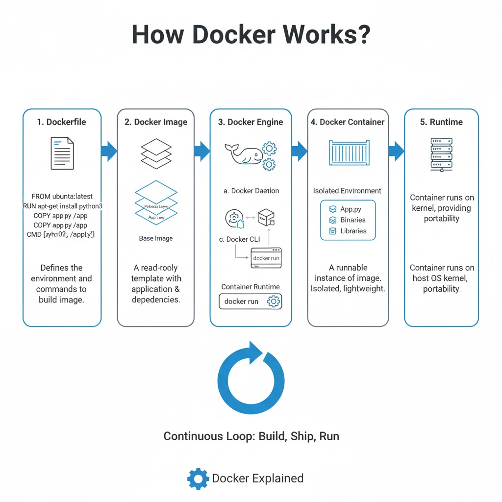 e_opore's tweet image. How does Docker work?

You write a Dockerfile (or use an existing image) that defines the environment, dependencies, and commands your application needs.
Docker reads this file and builds a container image , a lightweight, standalone, and executable package that includes…