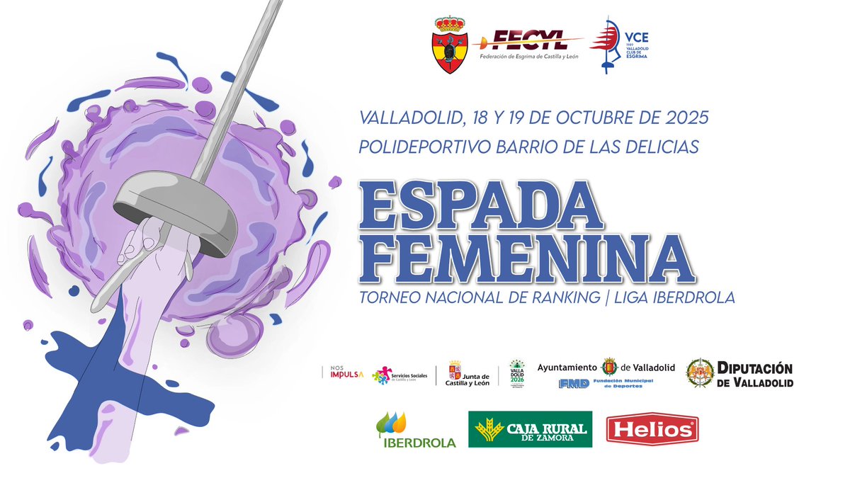 🗡️✨ ¡La espada femenina conquista Valladolid! 🗡️💜 
#TorneoNacional de Ranking y #LigaIberdrola. 
¡Apoya a nuestras campeonas de España!
📅 18-19 oct | 📍 Polideportivo Delicias | ✨ Entrada libre 
Gracias, <a href="/DeportesVLL/">DeportesVLL</a> <a href="/cajaruralzamora/">cajaruralzamora</a> <a href="/helios_es/">Helios</a> 
#esgrima #deporte #valladolid