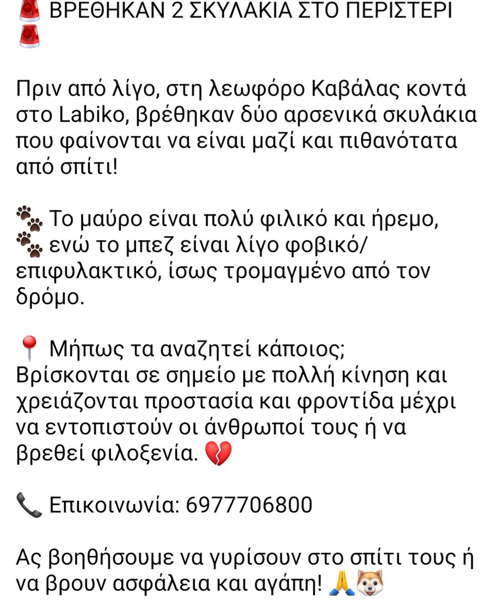🆘️🆘️🆘️
Βρέθηκαν αυτά τα δύο σκυλάκια στο Περιστέρι στη Λεωφόρο Καβάλας κοντά στο Labiko
Αρσενικά,πρέπει να είναι από σπίτι
Το μαύρο πολύ φιλικό κ ήρεμο
Το μπεζ λίγο φοβικο,ίσως τρομαγμένο απο τον δρόμο 
Τα αναζητεί κάποιος;
Rt 🙏 🙏 🙏