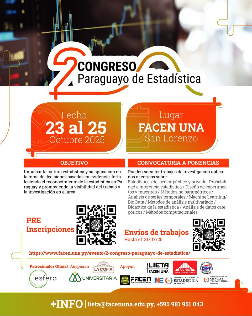 📊 Invitamos a participar del 2° Congreso Paraguayo de Estadística

El evento reunirá a investigadores, docentes, estudiantes y profesionales del sector público y privado, con el objetivo de impulsar la cultura estadística, fomentar la toma de decisiones basadas en evidencia.