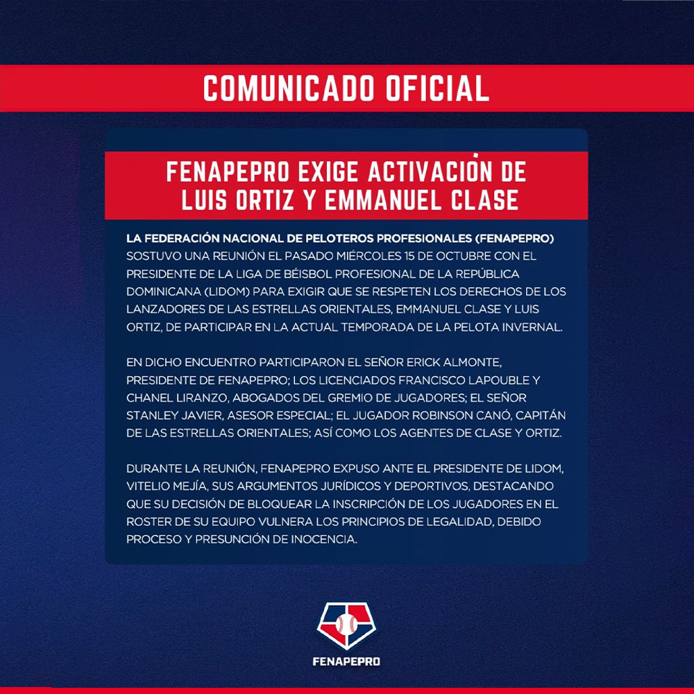 fiebrucesrs's tweet image. FENAPEPRO emite comunicado en el caso entre LIDOM y los jugadores Emmanuel Clase y Luis Ortíz
#FiebrucesRS