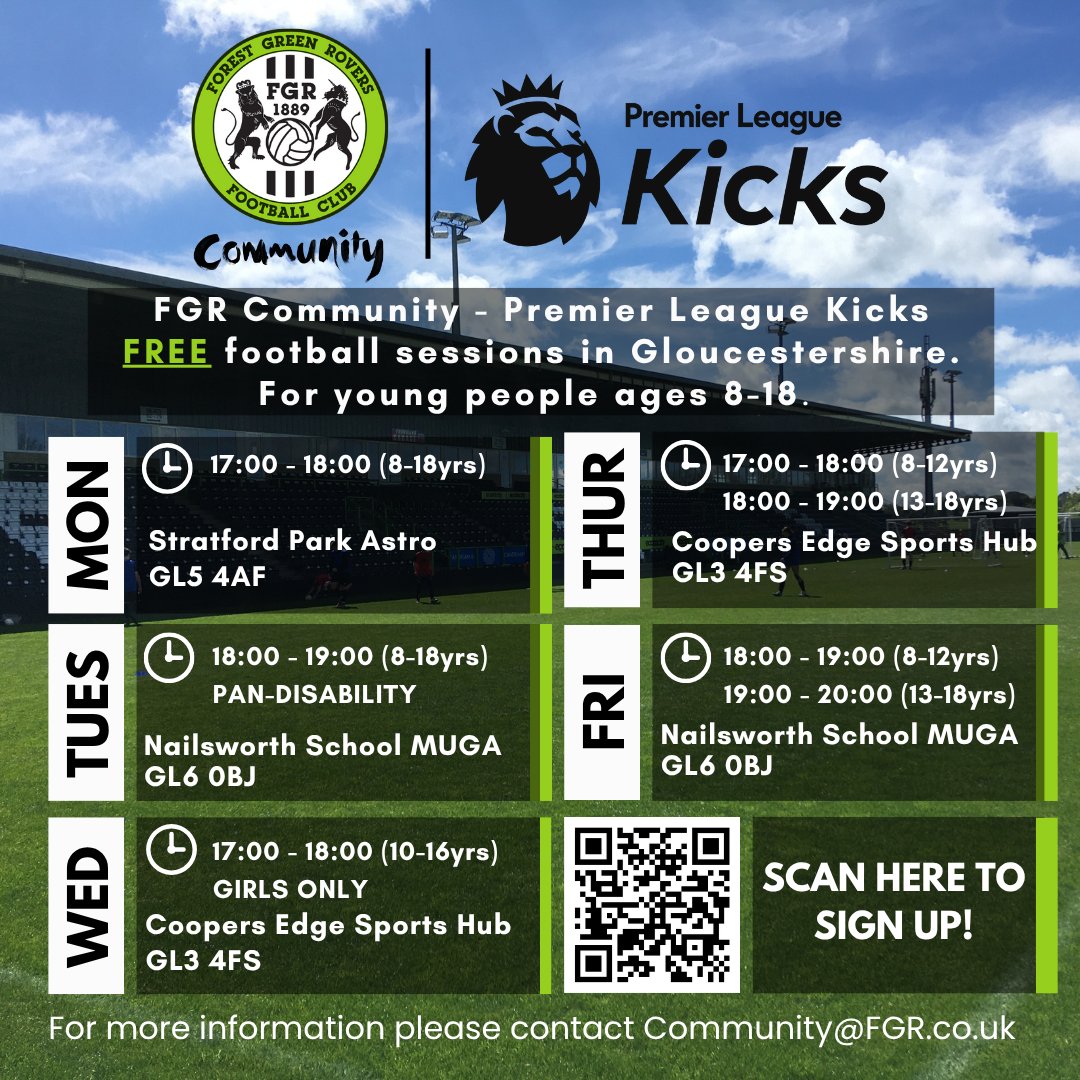 ⚽ Premier League Kicks is back! ⚽

Free, fun and inclusive football sessions across Gloucestershire.

Please note: all participants must re-register for the new season.

Follow this link to sign up - abler.io/shop/fgrc

#wearefgr  #fgrcommunity #plkicks #plcommunities