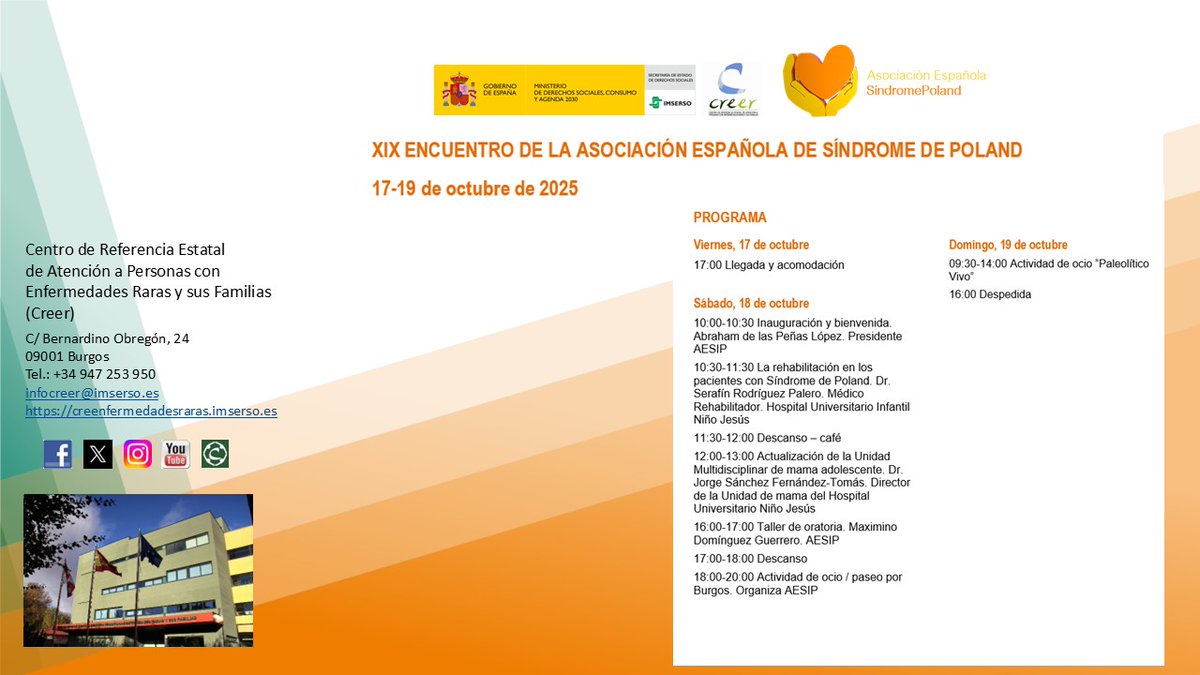 Hoy recibimos a los participantes del XIX Encuentro de la Asociación Española de Síndrome de #Poland en <a href="/CentroCREER/">Creer Imserso</a> <a href="/Imserso/">Imserso</a> donde tendrá lugar una jornada informativa y de convivencia
¡Bienvenidos <a href="/PolandAESIP/">AESIP | Síndrome de Poland</a>! #EncuentrosCreer 
creenfermedadesraras.imserso.es/detalle-actual…