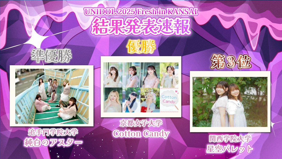 【💎UNIDOL 2025 Fresh in KANSAI💎】
今大会を制したのは…

🥇第1位 ⁡Cotton Candy / 京都女子大学 
🥈第2位⁡ 純白のアスター / 追手門学院大学
🥉第3位 星空パレット / 関西学院大学

🏆🎊おめでとうございます🎊🏆

#UNIDOL
#UNIDOL関西
#ユニドル25F